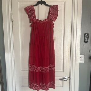 Knox Rose Red Maxi Dress with White Embroidery
